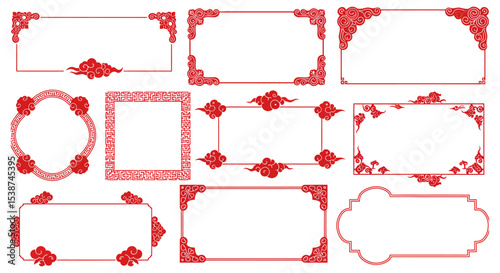 Set of decorative red chinese borders with traditional floral patterns vector illustration