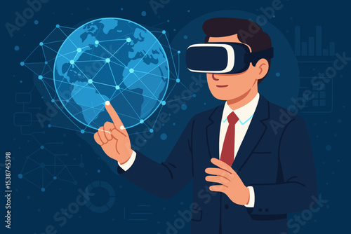 Businessman in VR glasses experiencing virtual reality. Man in suit interacting with a holographic globe and data charts. Metaverse concept for global business and technology.