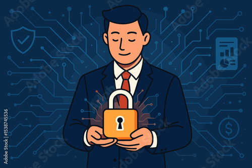 Cybersecurity and data protection concept. Businessman holding a secure lock. Digital privacy, network safety, financial security. Technology background with circuit board illustration.