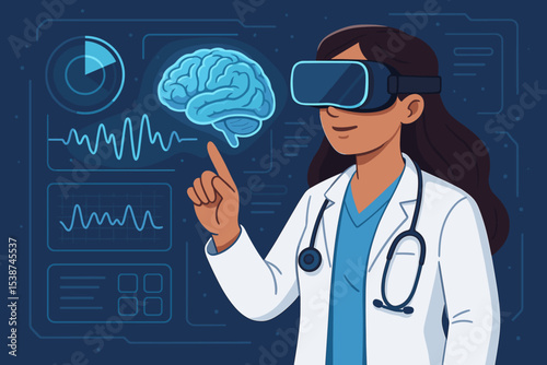 Virtual reality in medicine. Female doctor with VR headset interacts with a holographic brain. Futuristic neurology and healthcare technology concept. Scientist analyzing brainwaves data.