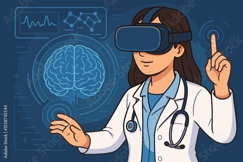 Female doctor in VR headset interacting with futuristic medical interface. Neurologist analyzing human brain scan. Virtual reality in medicine, digital health and telehealth concept.
