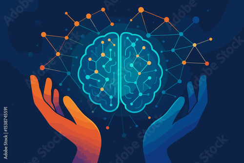 Hands holding brain with neural network. Mental health, psychology and therapy concept. Left and right brain hemisphere. Logic versus creativity. Neuroscience, AI, and innovation.