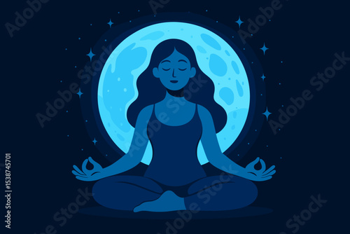 Woman meditating in lotus pose under the full blue moon. Yoga practice for mindfulness and relaxation. Spiritual concept of harmony, balance, and inner peace in the night sky.