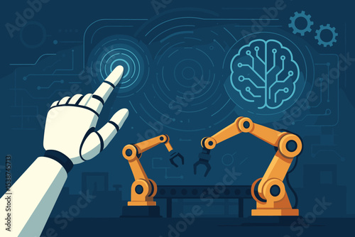 AI revolution in manufacturing. Robot hand touches futuristic interface controlling industrial robotic arms on an assembly line. Smart factory automation with AI brain concept.