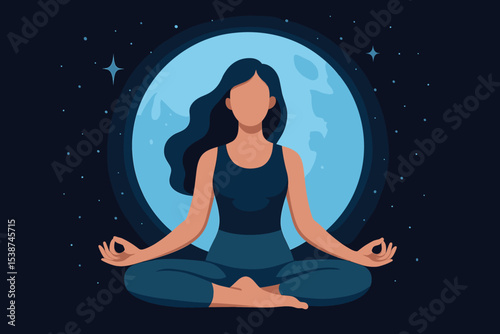 Woman meditating in lotus pose under a big blue full moon in a starry night sky. Concept for yoga, mindfulness, wellness, spiritual practice, calm, inner peace, and harmony.