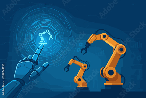 AI robot hand controlling smart factory automation with a futuristic touch interface. Industry 4.0 concept for advanced manufacturing, robotics revolution, and engineering innovation.