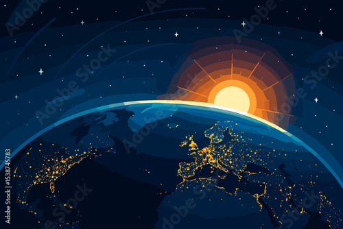 Sunrise over planet Earth from space vector illustration. World map showing Europe with glowing city lights at night. Global network, technology, future, and new day concept.