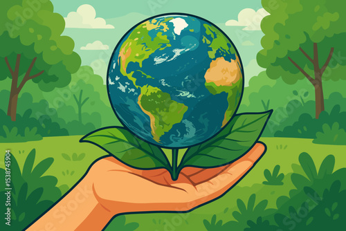 Earth Day vector concept. Hand holding planet Earth on a plant with green leaves. Metaphor for environmental protection, conservation, ecology, sustainability. Saving our green world.