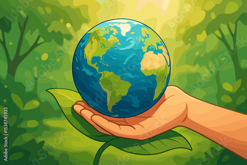 Save the planet concept. Hand holding Earth on a green leaf. Environmental protection and conservation. Earth Day illustration. Ecology, nature, and sustainability vector graphic.