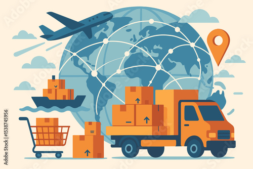Global logistics network and supply chain management concept. Worldwide shipping, freight transportation by truck, ship, airplane. E-commerce delivery service for import and export.