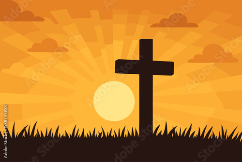 Cross silhouette on a hill at sunrise or sunset. Christian religious symbol of faith, hope, salvation, resurrection. Easter morning concept. Spirituality and belief in God. Vector.