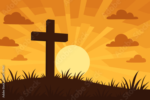 Religious cross on hill at sunrise. Christian symbol of faith, hope, salvation. Easter concept for the resurrection of Jesus Christ. Calvary crucifix silhouette vector background illustration.
