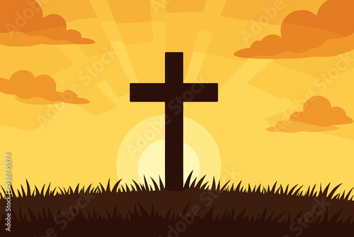 Christian cross silhouette on a hill at sunrise or sunset. Religious vector background for Easter. Concept of faith, hope, salvation, and resurrection of Jesus Christ. Symbol
