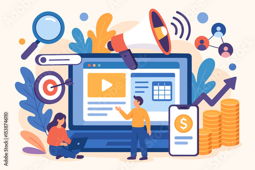 Digital marketing strategy concept. Business team working on SEO, content marketing, and social media advertising. Online promotion campaign for company growth and profit. ROI analysis.