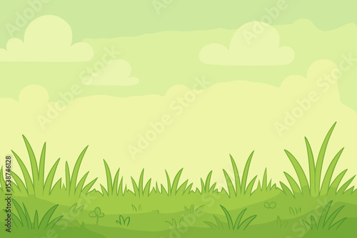 Cartoon summer landscape with green grass and clouds in the sky. Simple nature background for kids. Vector illustration of a fresh spring meadow or park with copy space.