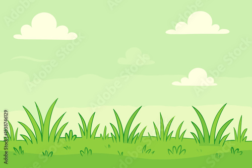 Simple cartoon landscape background with green grass field and clouds. Vector illustration of a summer or spring meadow. Cute nature scenery for kids. Flat design park or lawn.