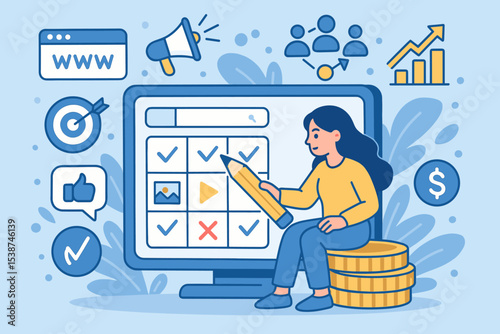 Digital marketing strategy concept. Woman planning social media content on a calendar. Business character managing tasks for online advertising, SEO promotion, and financial growth.