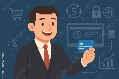 Happy businessman with credit card making online payment. Concept of e-commerce, internet banking, and secure transactions. Fintech, digital money transfer, and financial services.