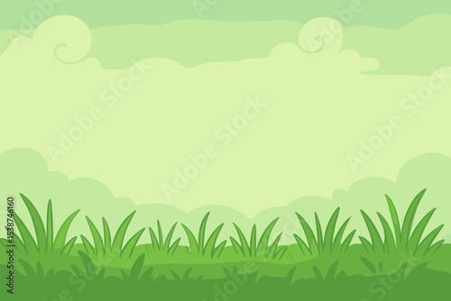 Green pastel landscape background. Cartoon summer meadow with grass field and cute cloudy sky. Vector illustration for a children's book, kids' game, or nature concept. Copy space.