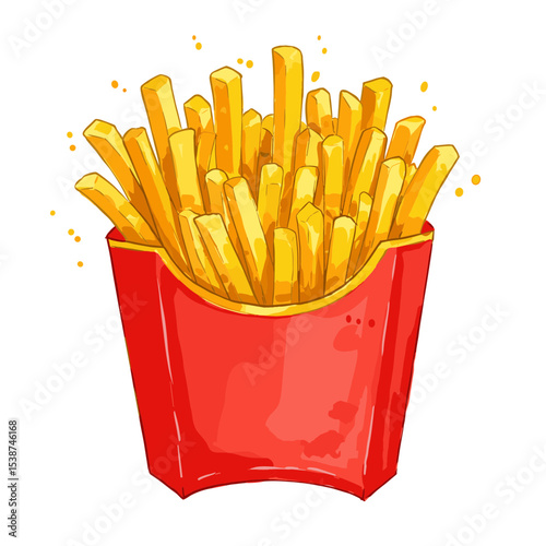 Colorful illustration of French fries in red fast food container  