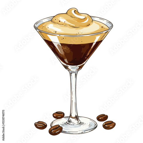 Espresso martini cocktail with cream topping and coffee beans  