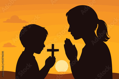 Mother and son praying silhouette. Christian family faith concept. Mom teaching her child about God with a cross at sunset. Spirituality, religion, hope, love. Religious education.
