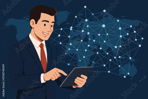 Businessman managing global network connection on a tablet. International business technology concept. World map with data visualization. Digital communication and future innovation.