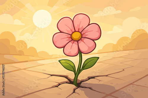 Flower growing through crack in concrete. Resilience hope and strength concept. New life and new beginning metaphor. Overcoming adversity. Power of nature cartoon vector illustration.