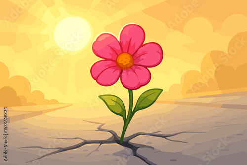 Flower growing through a crack in the concrete. Metaphor for resilience, hope, strength, and new life. Concept of overcoming adversity, determination, and survival. Success.