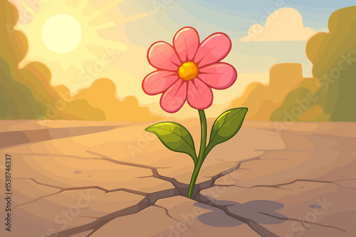 Resilience concept with a flower growing through a crack in asphalt. Metaphor for hope, new life, strength, and determination. Power of nature overcoming adversity and challenge.