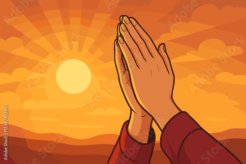 Praying hands at sunset illustration. Spiritual concept of faith, religion, hope, and prayer. Person worshiping God. Christian devotion, meditation, gratitude, and belief.