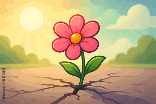 Resilience and hope concept. Cartoon flower growing through a crack in dry ground. Metaphor for strength, overcoming adversity, new beginnings, and personal growth. Survivor.