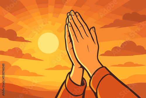 Hands folded in prayer against a sunset or sunrise. Vector illustration about faith, spirituality, religion, and hope. Concept of worship, gratitude, belief, and meditation.