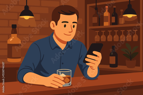 Man using smartphone at a bar counter while drinking whiskey. Vector illustration of a person enjoying evening leisure and nightlife. Concept for relaxation, social media, and modern life.