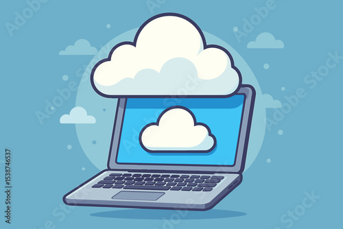 Cloud computing technology vector concept. Laptop computer with cloud icon for online data storage, digital information backup, and network services. Web hosting and server illustration.