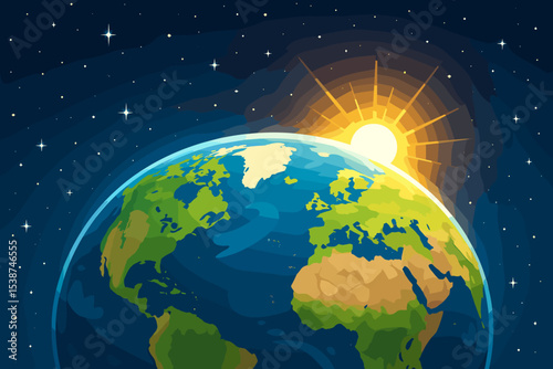 Planet Earth from space cartoon vector illustration. Sunrise over the world globe with starry sky background. Concept of new day, hope, future, exploration, and ecology. Our home.