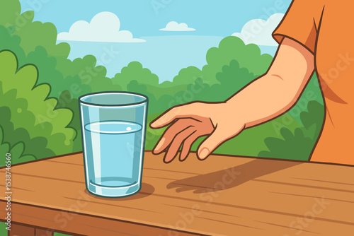A person's hand reaching for a glass of clear drinking water on a table outdoors. Concept of hydration, quenching thirst, refreshment, healthy living, and daily habits. Vector.