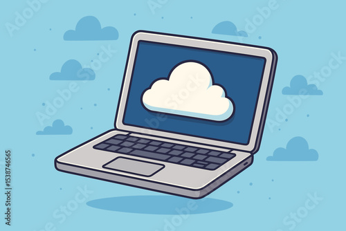Cloud computing vector concept. Laptop floating in the sky with a cloud icon on the screen. Symbol for data storage, online services, internet technology, backup, network, and web hosting.