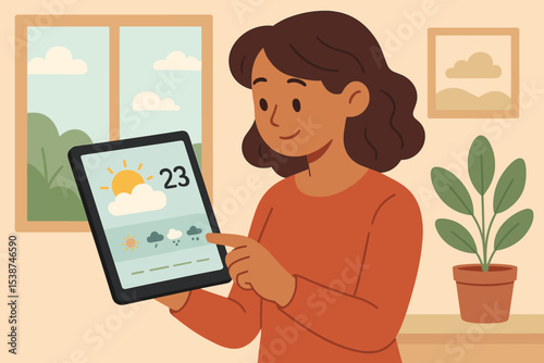 Woman checking daily weather forecast on tablet app. Person using modern technology for meteorology information at home. Planning the day with a sunny weather prediction. Vector illustration.