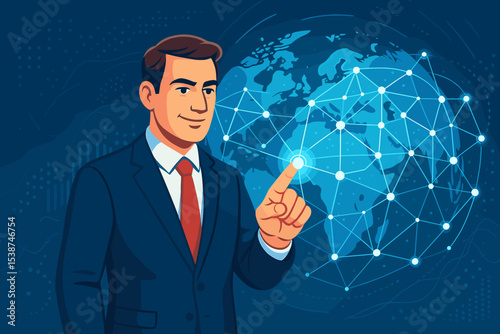 Businessman touching a glowing digital network over the world map. Global business strategy, international communication, and technology innovation. Data analytics concept vector.
