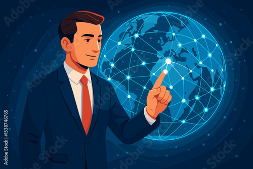 Businessman interacting with holographic Earth. Global business network and connection concept. Futuristic communication technology and data visualization with world map interface. Vector.