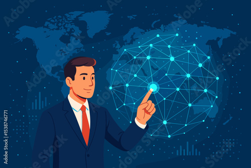 Businessman touching global network on futuristic interface. Concept for digital technology, big data visualization, international business strategy, communication and connectivity. World map.