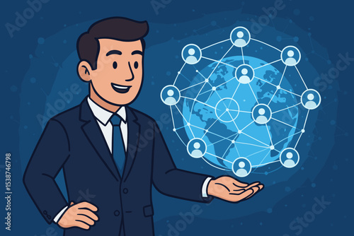 Businessman showing global business network. International connection, teamwork, and communication concept. Social media and globalization technology with world map and people icons.
