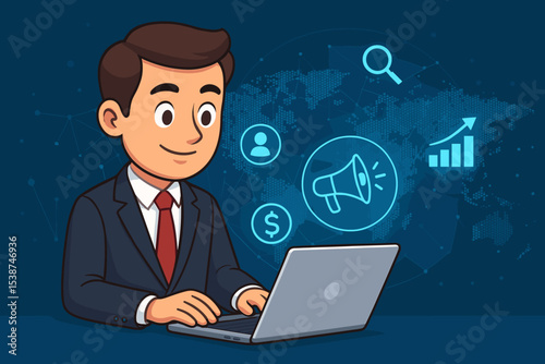 Digital marketing expert working on laptop. Cartoon professional planning online business strategy with icons for SEO, advertising, customer targeting, and global financial growth.