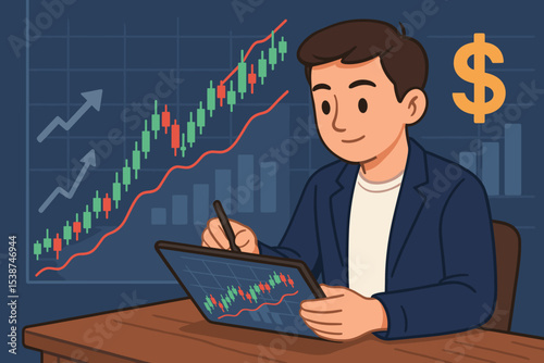 Businessman investor analyzing stock market data on a tablet. Financial trading concept with candlestick chart showing an uptrend and growth. Bull market success and profit.