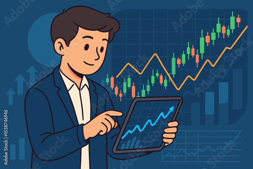 Businessman investor using tablet for stock market analysis. Financial trader monitoring growth chart and candlestick data. Investment, forex, and cryptocurrency trading vector.