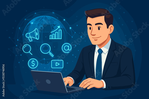 Digital marketing concept with a businessman at laptop. Manager planning business strategy on a futuristic interface with icons for SEO, analytics, and global online promotion.