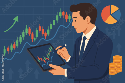 Businessman trader analyzing stock market candlestick chart on a tablet. Financial investment and business growth concept. Broker working with digital data for forex or crypto trading.