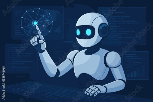 Futuristic robot touching a neural network on a virtual screen. Artificial intelligence, machine learning, and big data analysis concept. AI bot coding and programming.