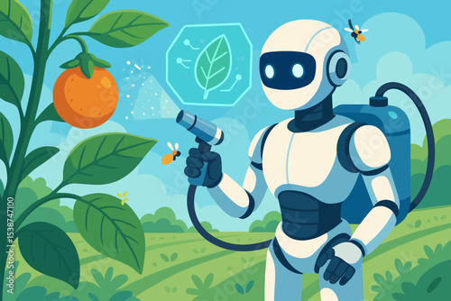 Robot farmer using AI for smart agriculture. Futuristic humanoid android spraying crops and analyzing plants with a holographic interface. Precision agritech and automation concept.
